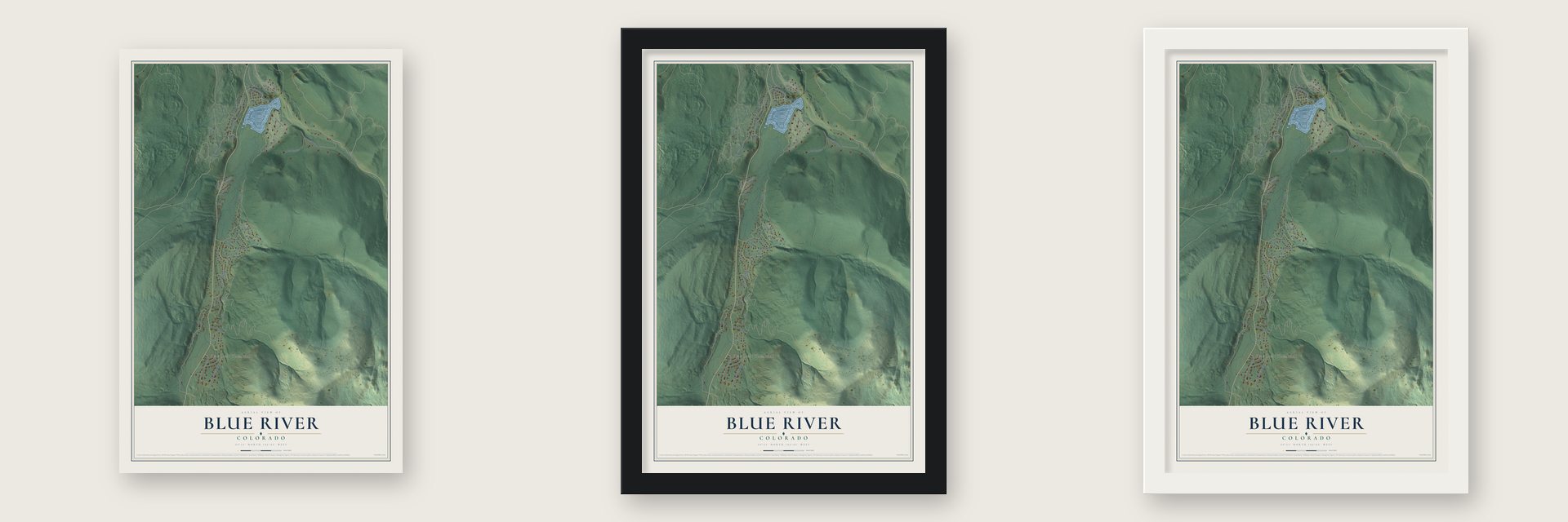 Blue River, Colorado map unframed, in a black wood frame and in a white wood frame