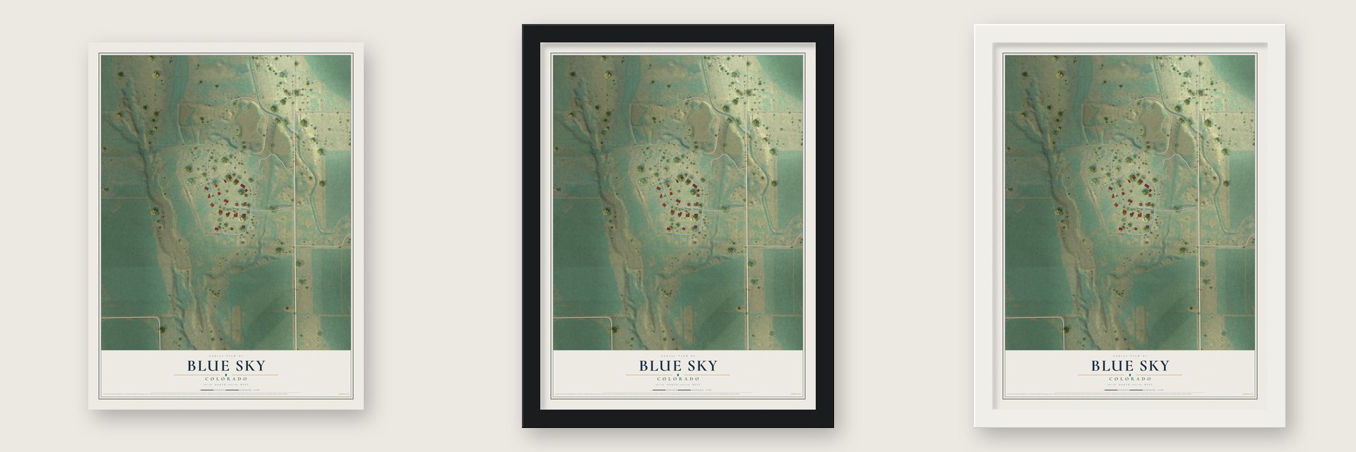 Blue Sky, Colorado map unframed, in a black wood frame and in a white wood frame