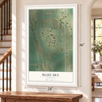 Blue Sky, Colorado map, 24 x 36 inch print in a white frame by a staircase