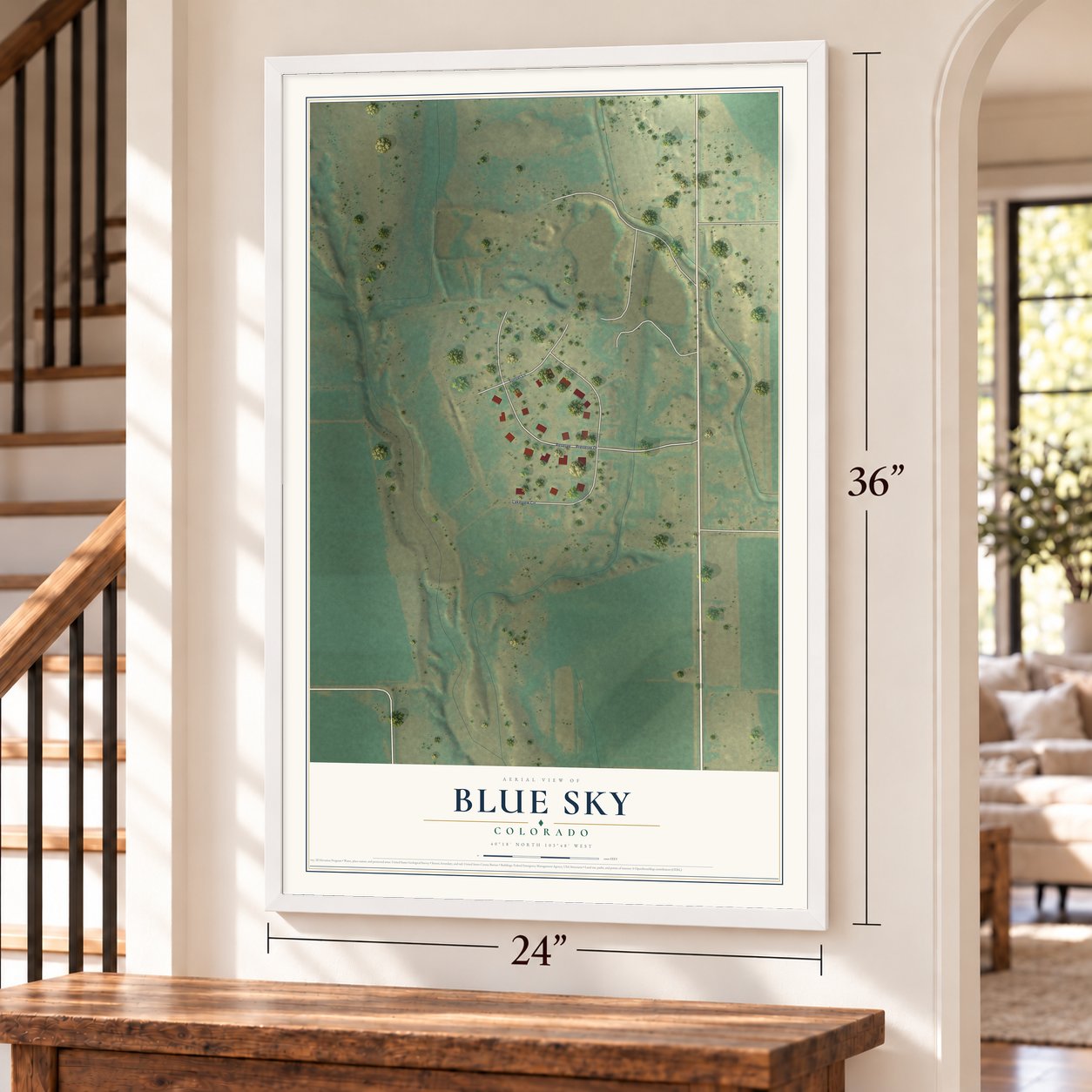 Blue Sky, Colorado map, 24 x 36 inch print in a white frame by a staircase