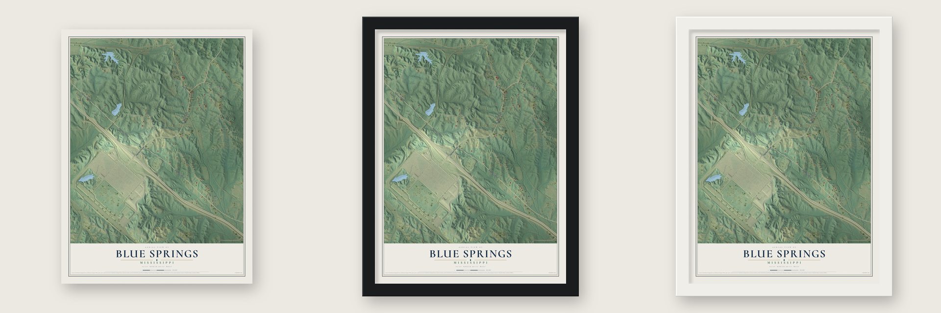 Blue Springs, Mississippi map unframed, in a black wood frame and in a white wood frame