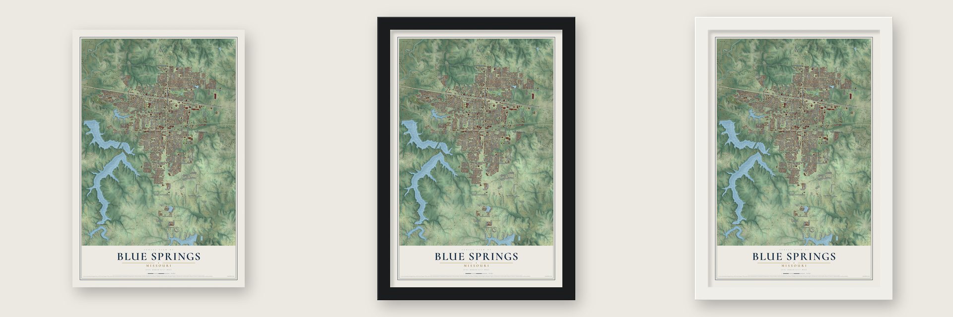 Blue Springs, Missouri map unframed, in a black wood frame and in a white wood frame
