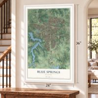 Blue Springs, Missouri map, 24 x 36 inch print in a white frame by a staircase