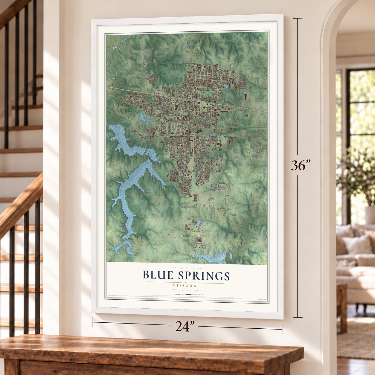 Blue Springs, Missouri map, 24 x 36 inch print in a white frame by a staircase