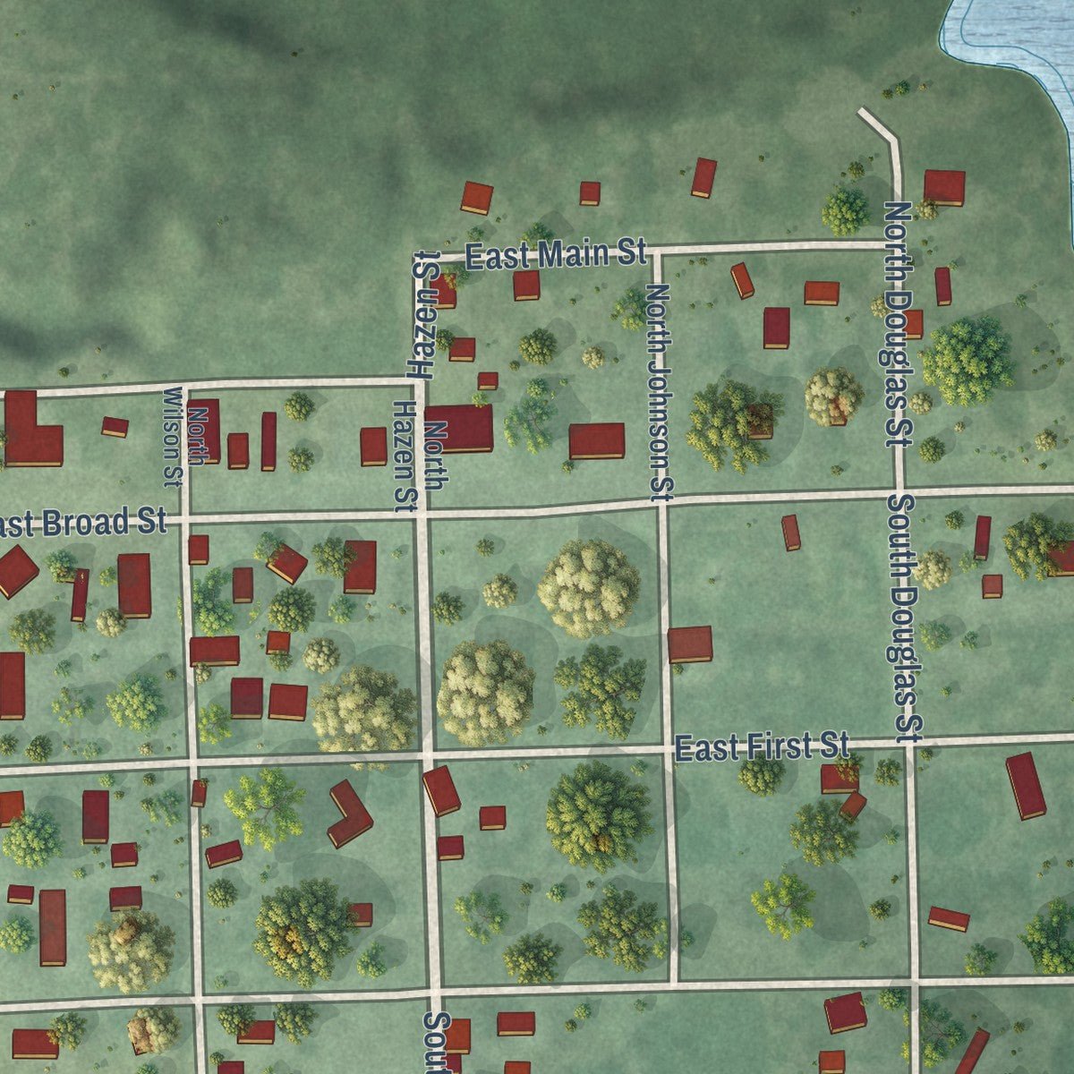 Second close-up of the map of Blue Springs, Nebraska print showing more streets and buildings