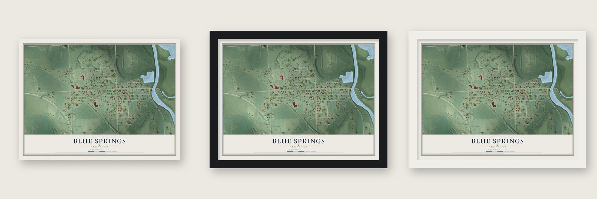 Blue Springs, Nebraska map unframed, in a black wood frame and in a white wood frame