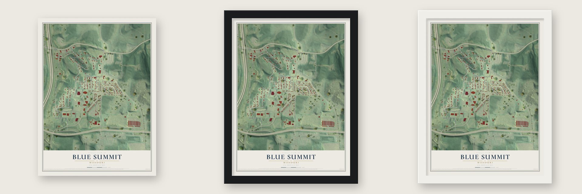 Blue Summit, Missouri map unframed, in a black wood frame and in a white wood frame
