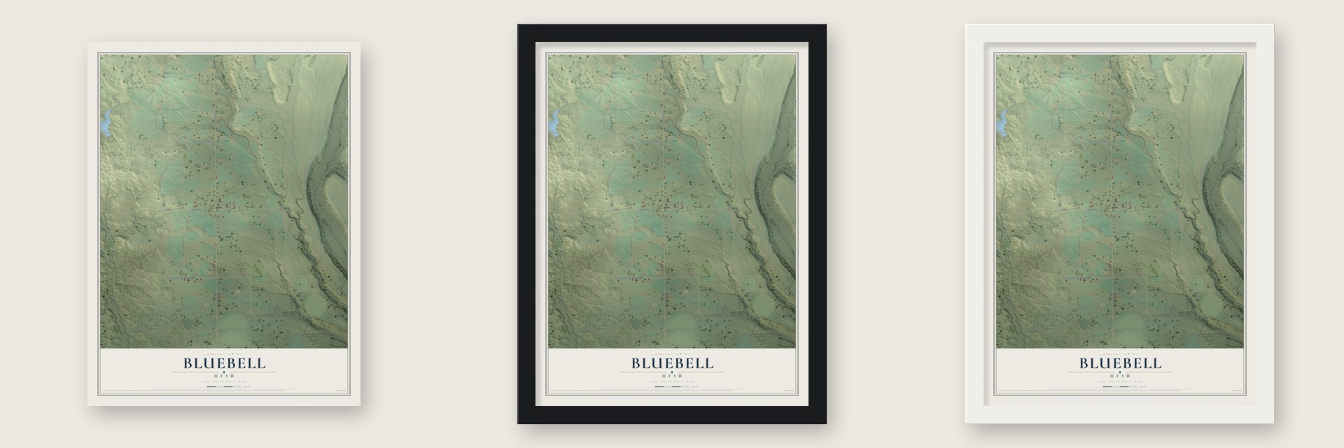 Bluebell, Utah map unframed, in a black wood frame and in a white wood frame