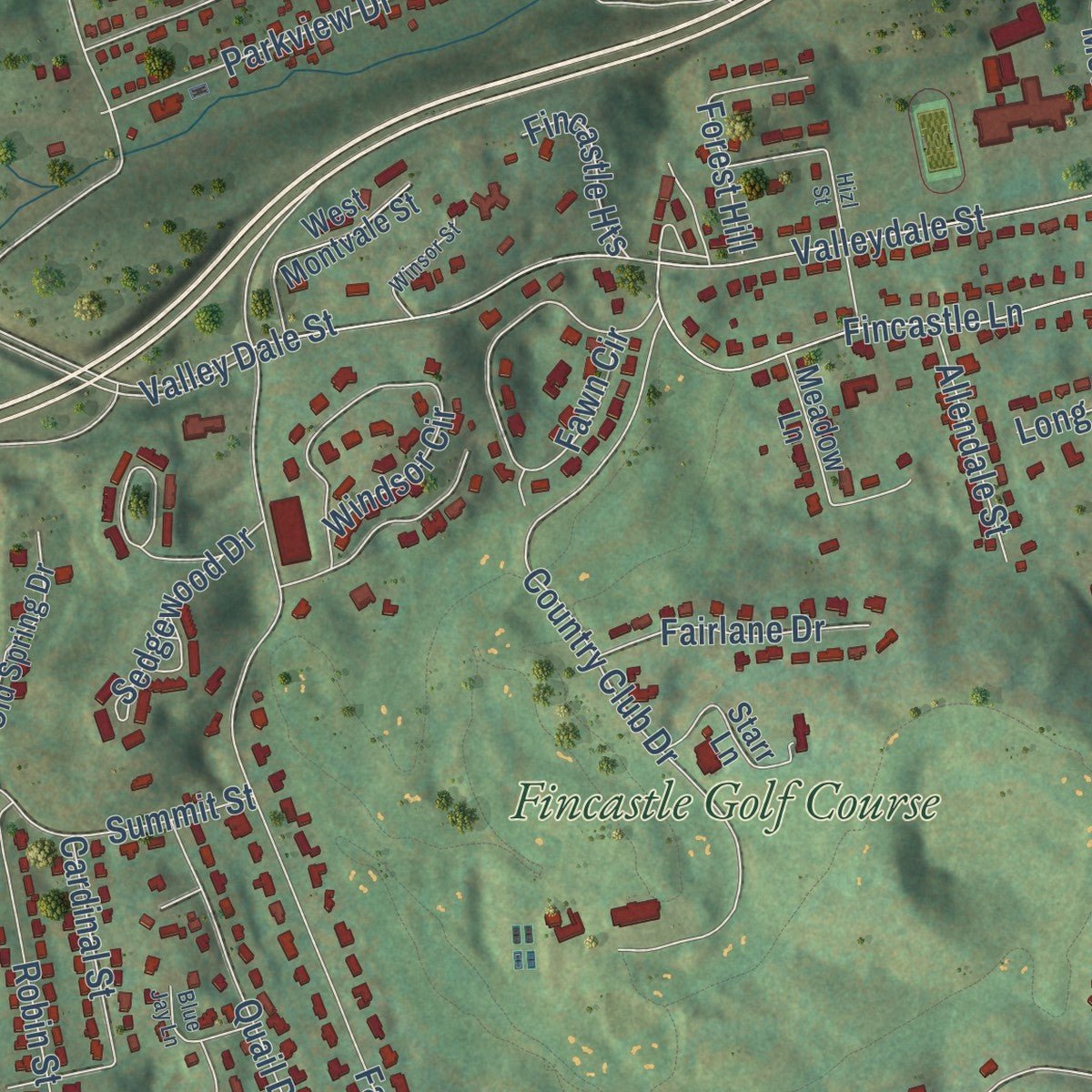 Second close-up of the map of Bluefield, Virginia print showing more streets and buildings