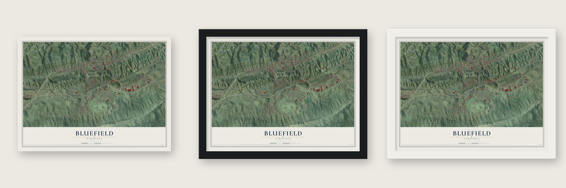 Bluefield, Virginia map unframed, in a black wood frame and in a white wood frame
