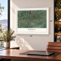 Bluefield, Virginia map, 18 x 24 inch print in a white frame in a home office