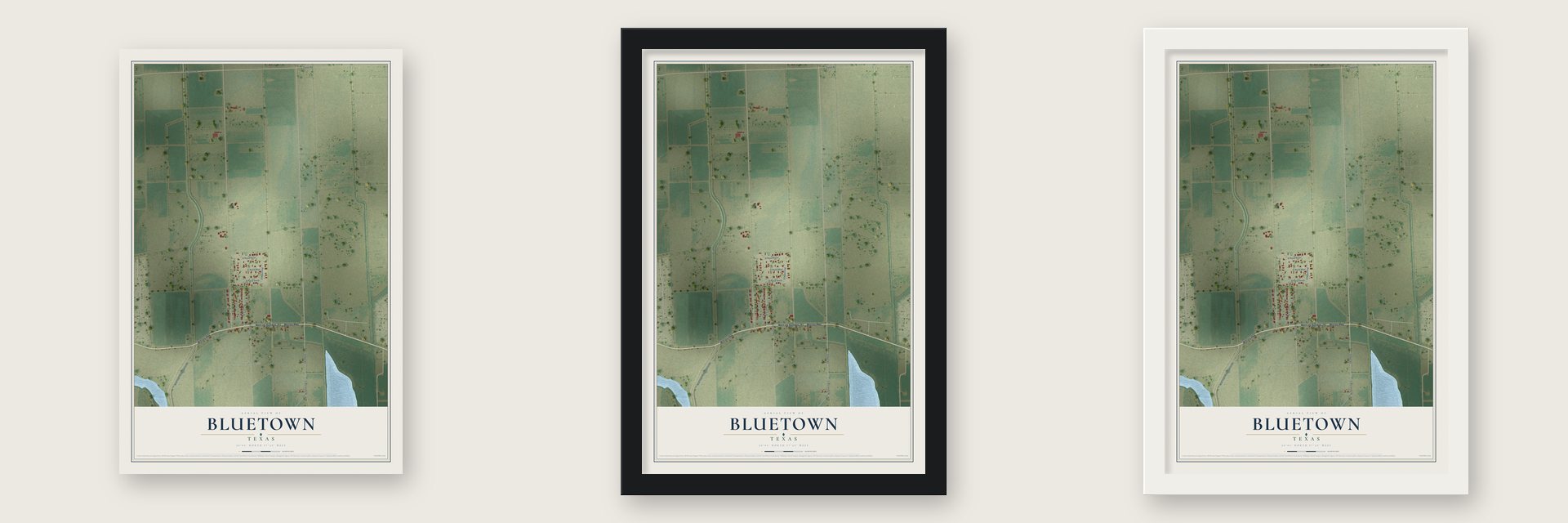 Bluetown, Texas map unframed, in a black wood frame and in a white wood frame
