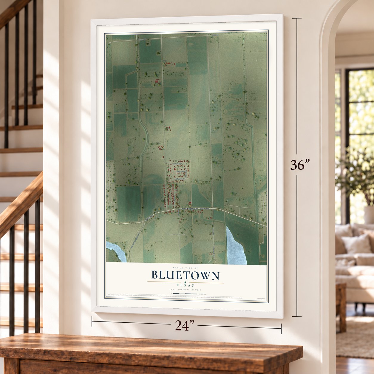 Bluetown, Texas map, 24 x 36 inch print in a white frame by a staircase