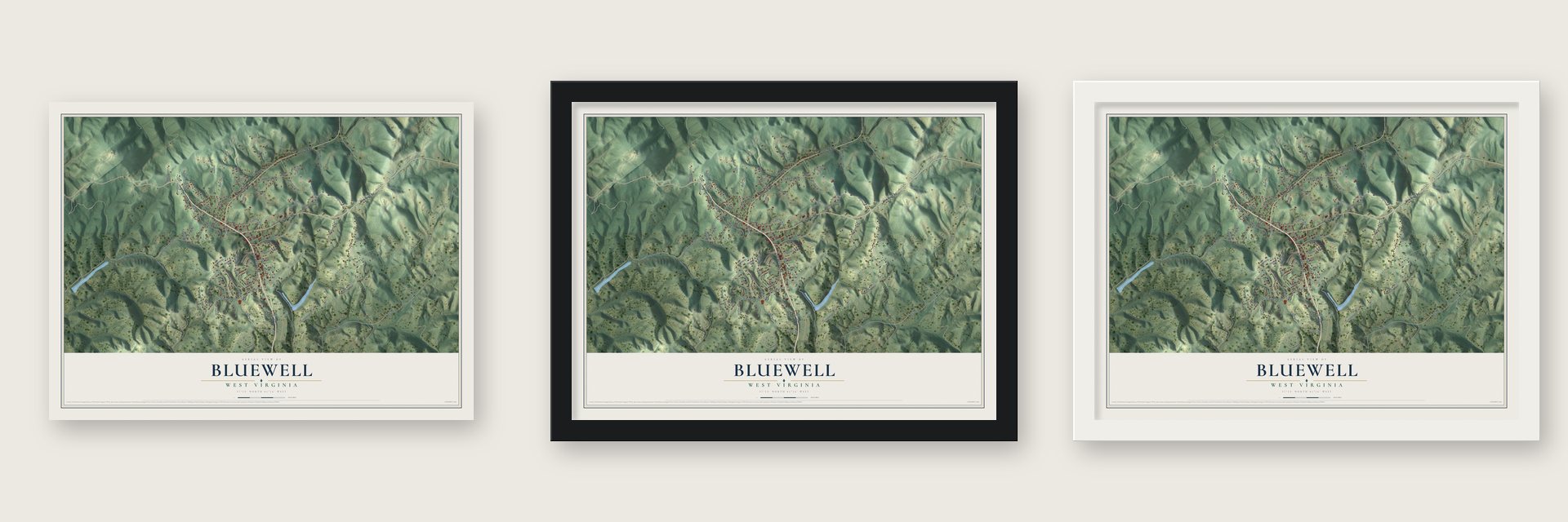 Bluewell, West Virginia map unframed, in a black wood frame and in a white wood frame