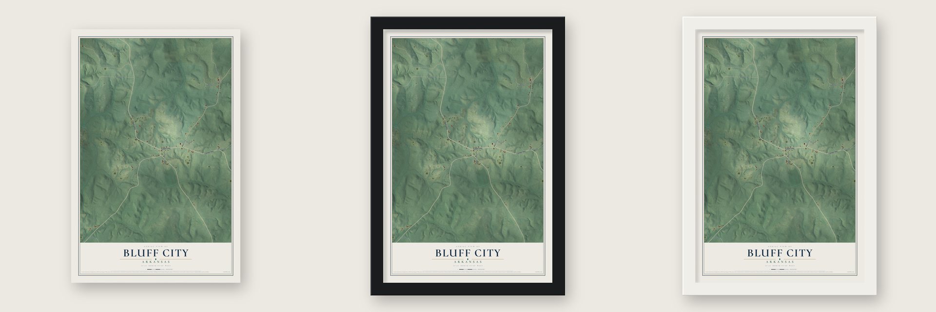 Bluff City, Arkansas map unframed, in a black wood frame and in a white wood frame