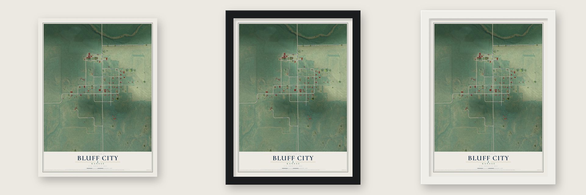 Bluff City, Kansas map unframed, in a black wood frame and in a white wood frame