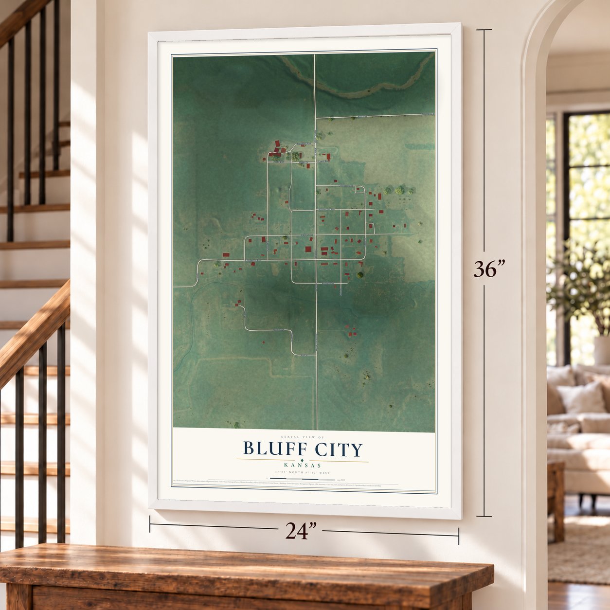 Bluff City, Kansas map, 24 x 36 inch print in a white frame by a staircase