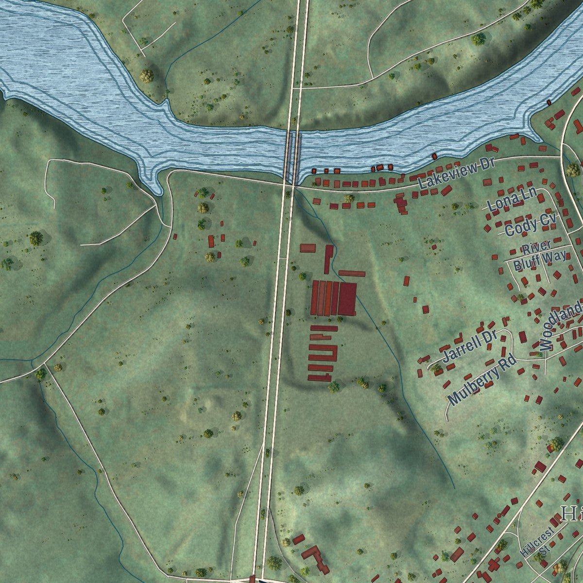 Second close-up of the map of Bluff City, Tennessee print showing more streets and buildings