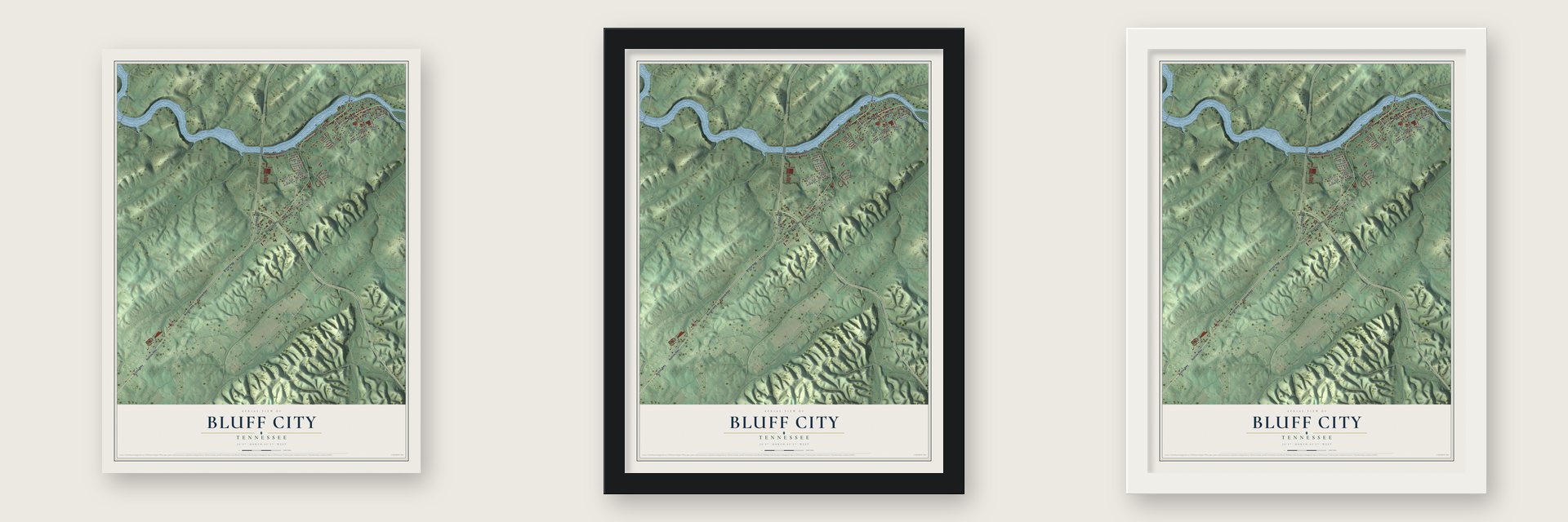 Bluff City, Tennessee map unframed, in a black wood frame and in a white wood frame