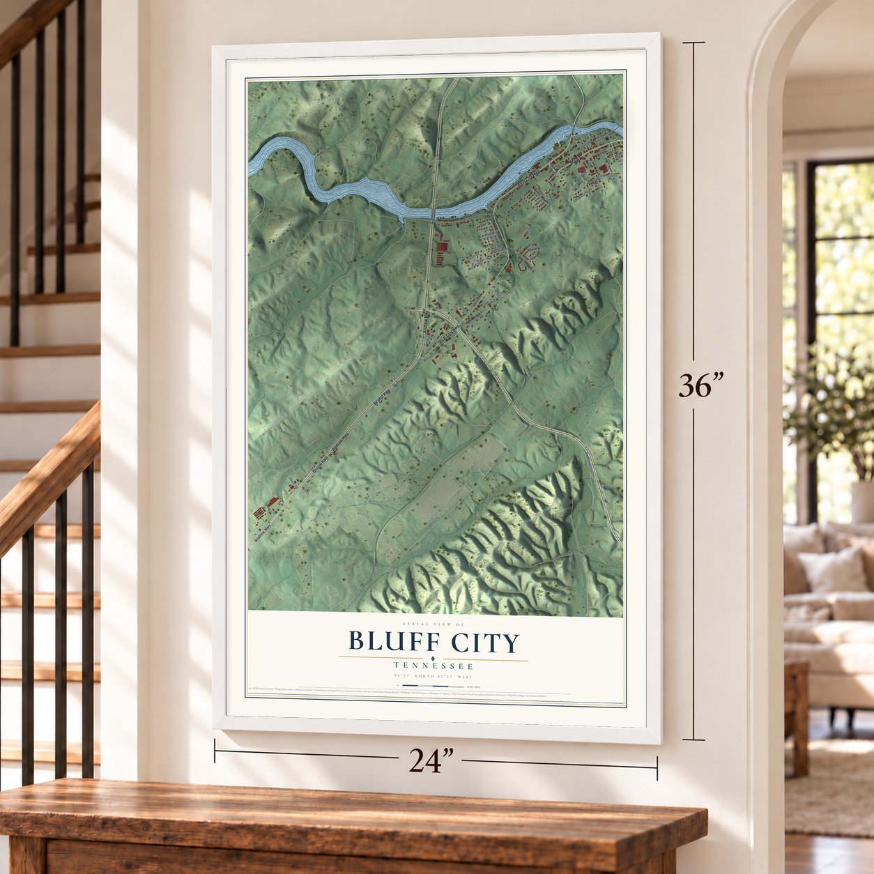Bluff City, Tennessee map, 24 x 36 inch print in a white frame by a staircase