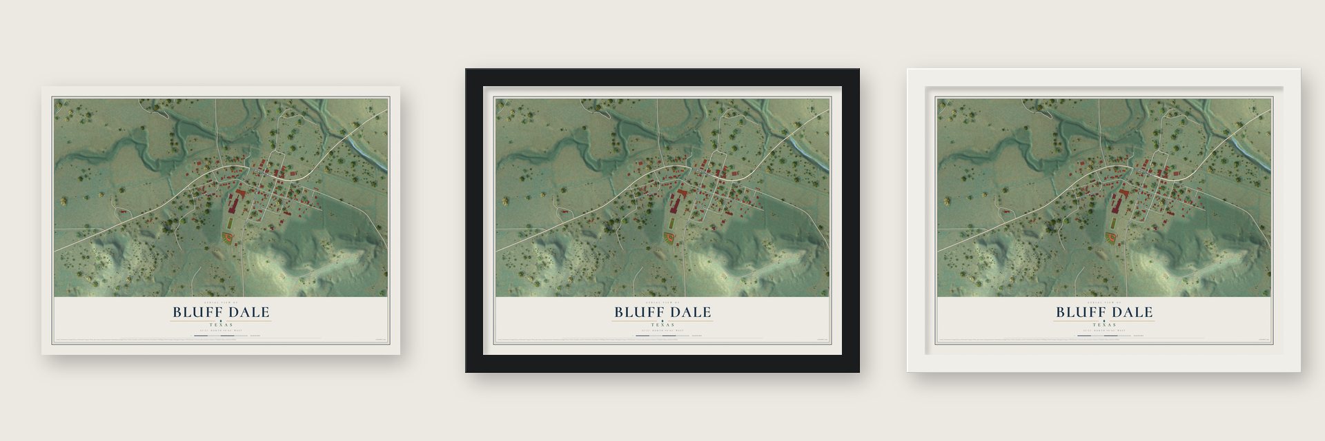 Bluff Dale, Texas map unframed, in a black wood frame and in a white wood frame