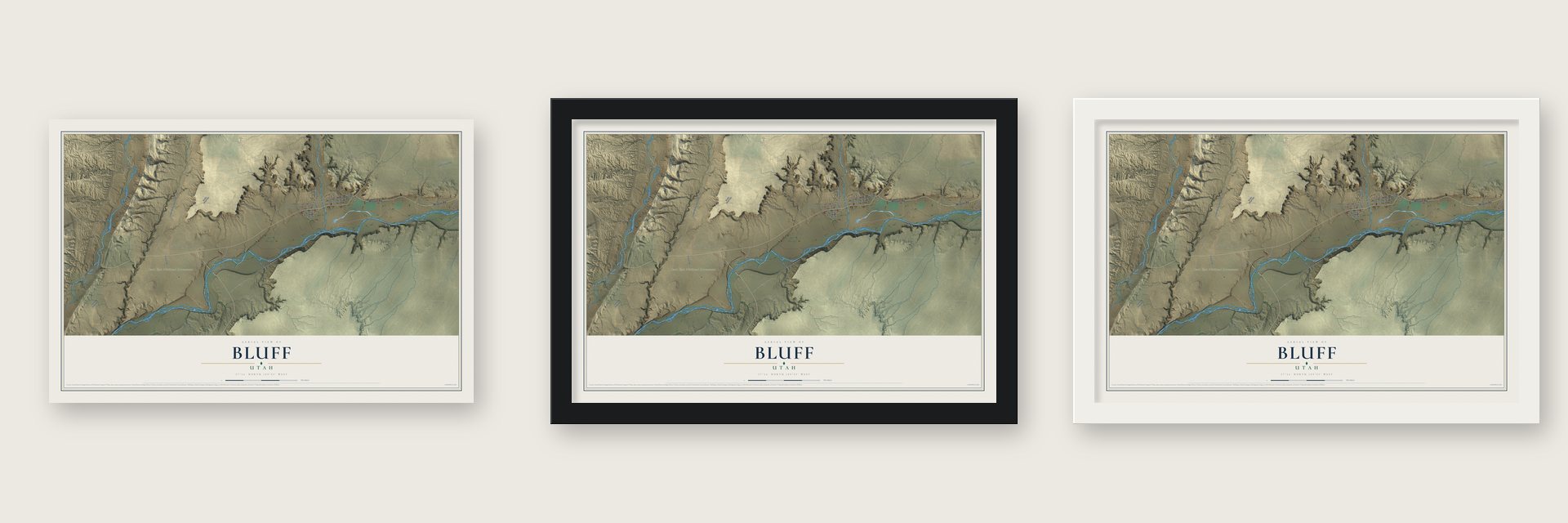 Bluff, Utah map unframed, in a black wood frame and in a white wood frame
