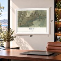 Bluff, Utah map, 18 x 24 inch print in a white frame in a home office