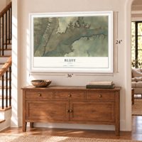 Bluff, Utah map, 24 x 36 inch print in a white frame above a dresser by a staircase