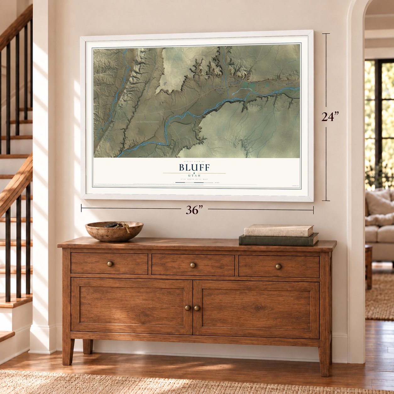 Bluff, Utah map, 24 x 36 inch print in a white frame above a dresser by a staircase