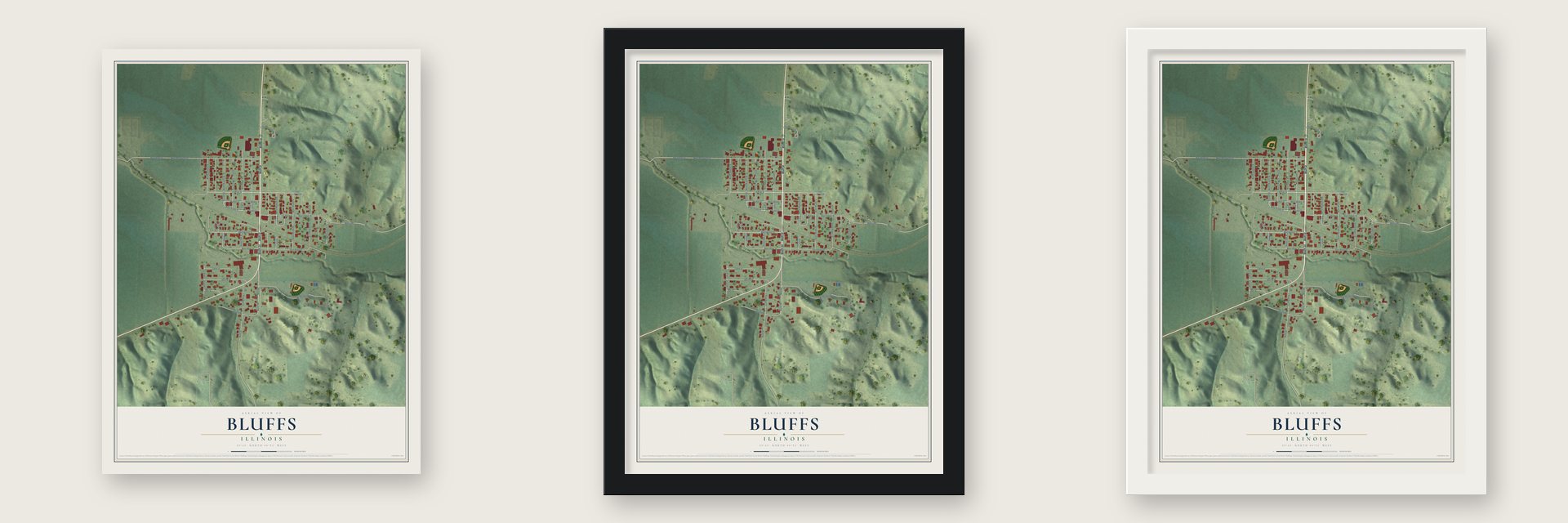 Bluffs, Illinois map unframed, in a black wood frame and in a white wood frame