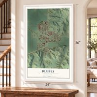 Bluffs, Illinois map, 24 x 36 inch print in a white frame by a staircase