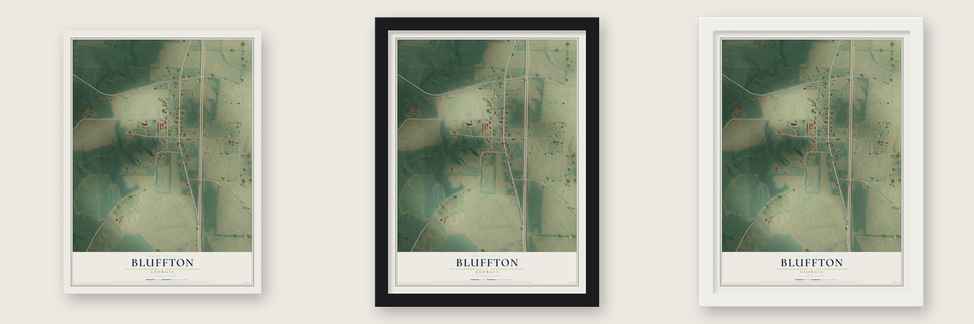 Bluffton, Georgia map unframed, in a black wood frame and in a white wood frame