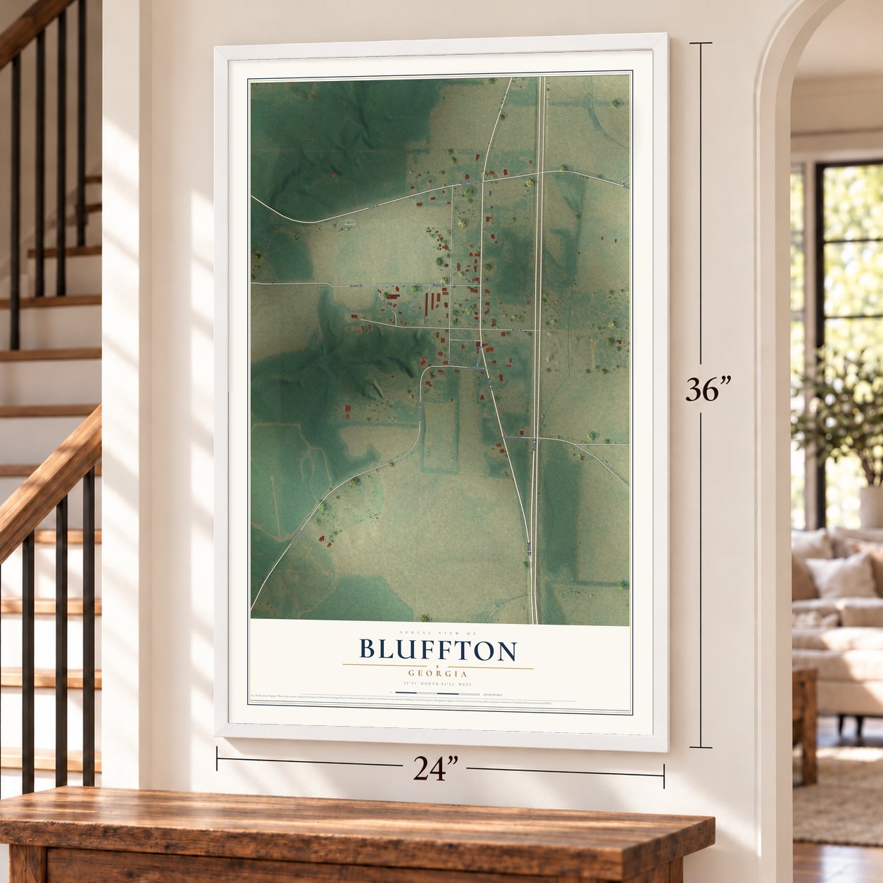 Bluffton, Georgia map, 24 x 36 inch print in a white frame by a staircase