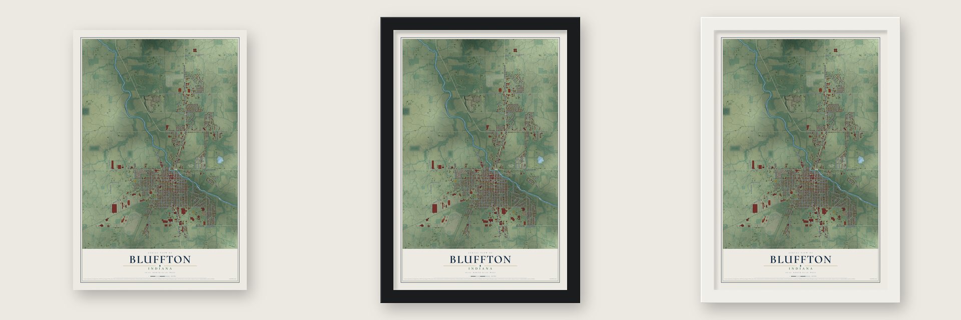 Bluffton, Indiana map unframed, in a black wood frame and in a white wood frame