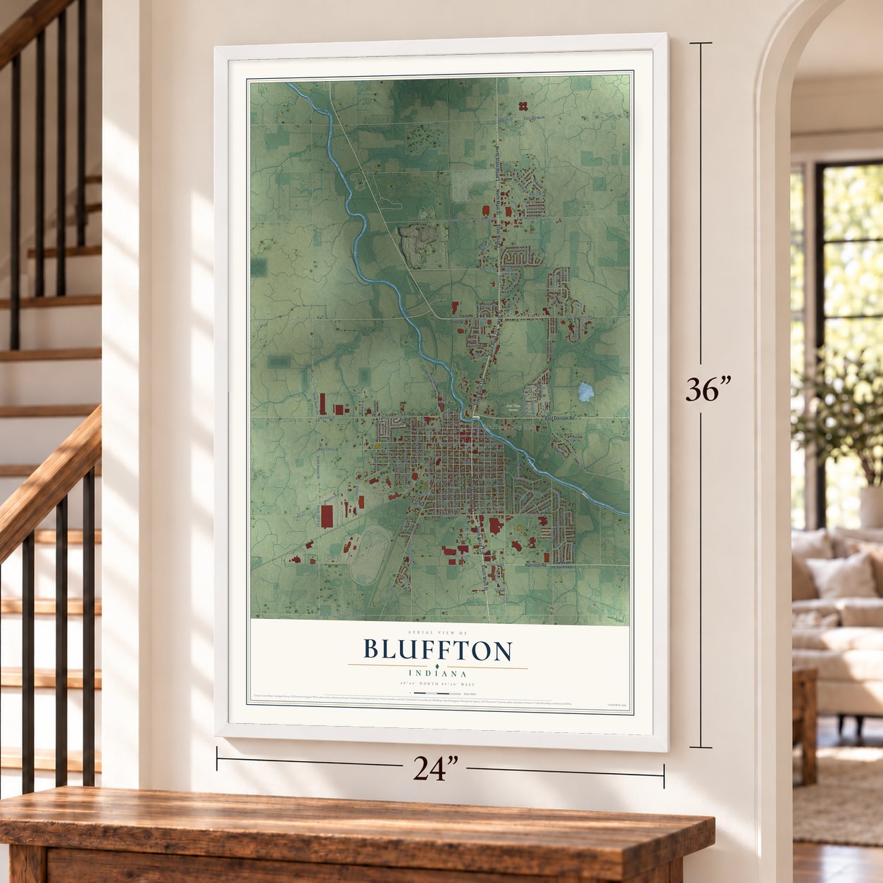 Bluffton, Indiana map, 24 x 36 inch print in a white frame by a staircase