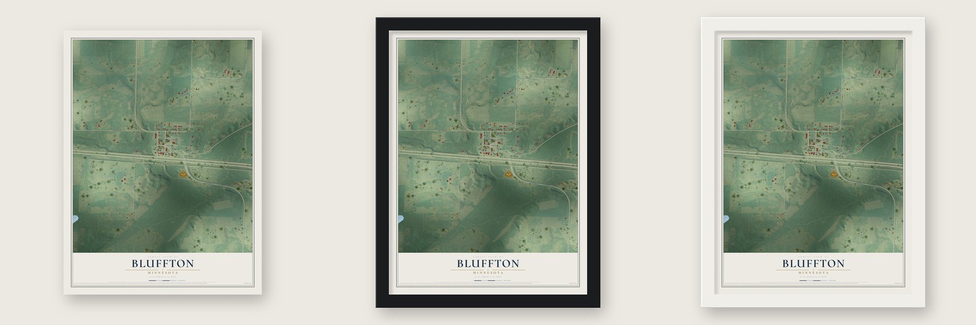 Bluffton, Minnesota map unframed, in a black wood frame and in a white wood frame