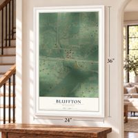 Bluffton, Minnesota map, 24 x 36 inch print in a white frame by a staircase