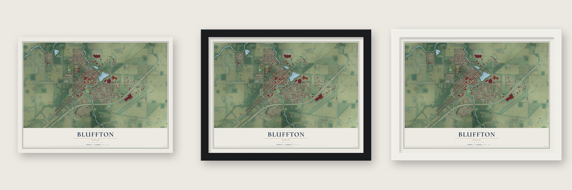 Bluffton, Ohio map unframed, in a black wood frame and in a white wood frame
