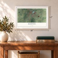 Bluffton, Ohio map, 12 x 18 inch print in a white frame in an entryway