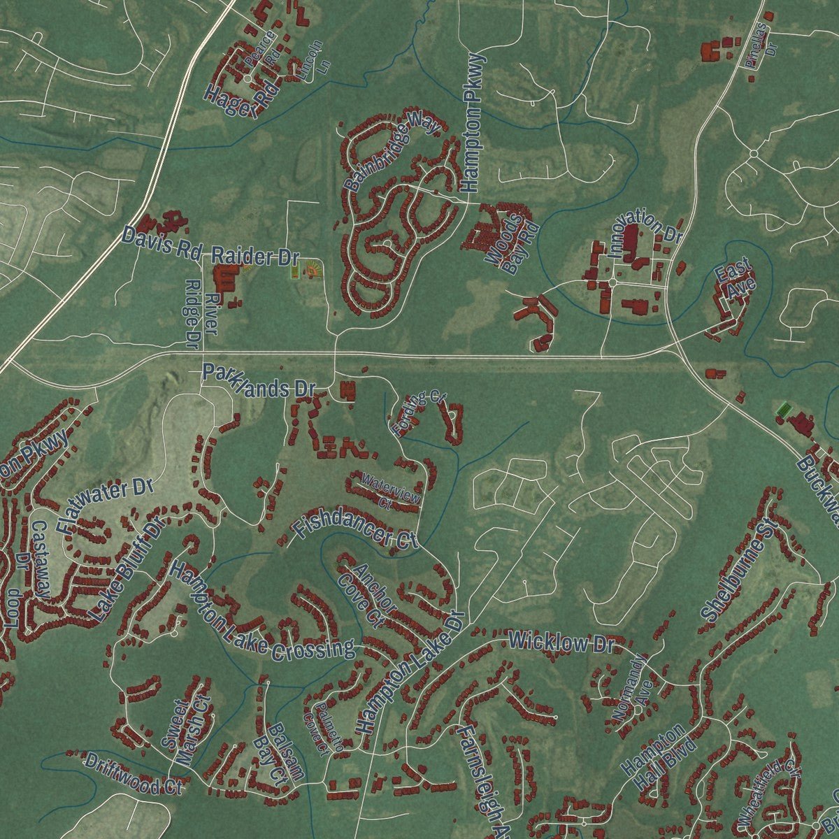 Second close-up of the map of Bluffton, South Carolina print showing more streets and buildings