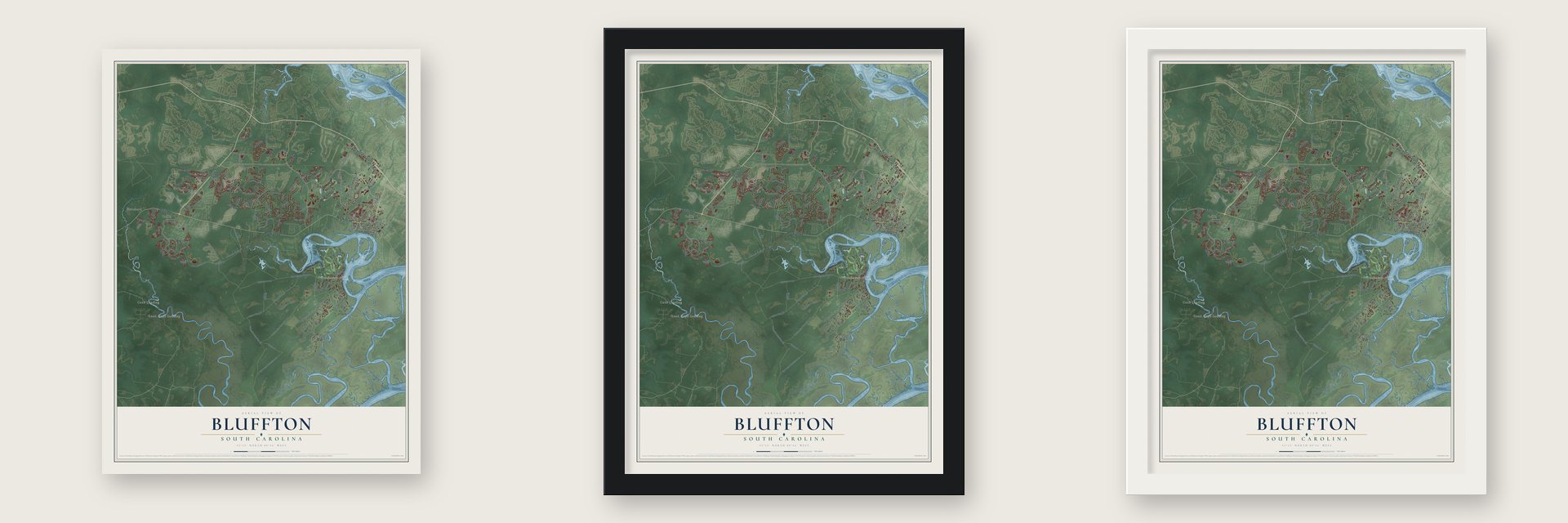 Bluffton, South Carolina map unframed, in a black wood frame and in a white wood frame