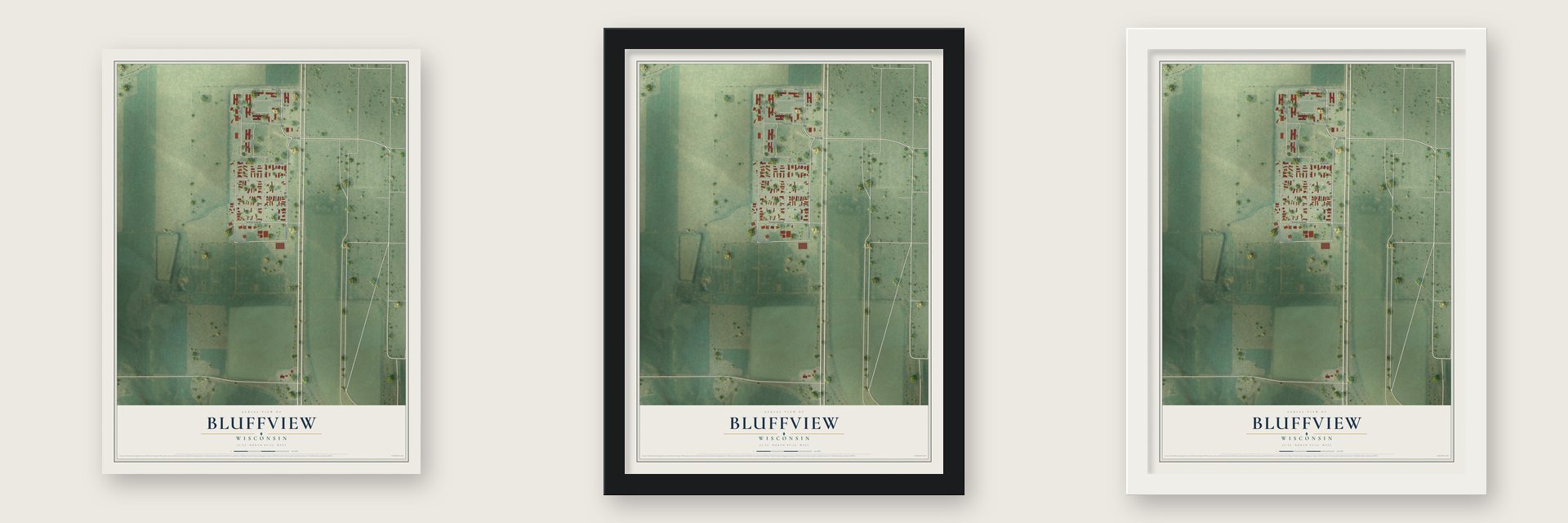 Bluffview, Wisconsin map unframed, in a black wood frame and in a white wood frame