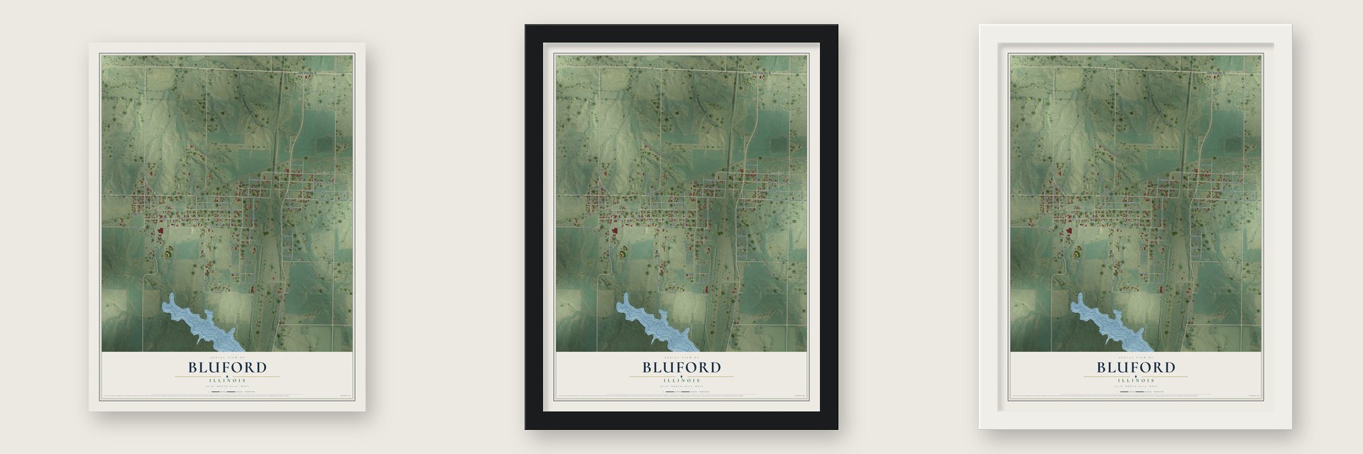Bluford, Illinois map unframed, in a black wood frame and in a white wood frame
