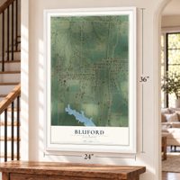 Bluford, Illinois map, 24 x 36 inch print in a white frame by a staircase