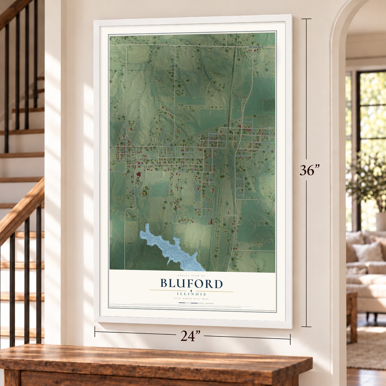 Bluford, Illinois map, 24 x 36 inch print in a white frame by a staircase