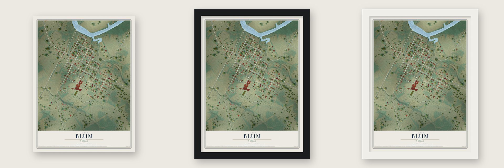 Blum, Texas map unframed, in a black wood frame and in a white wood frame