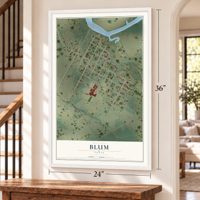Blum, Texas map, 24 x 36 inch print in a white frame by a staircase