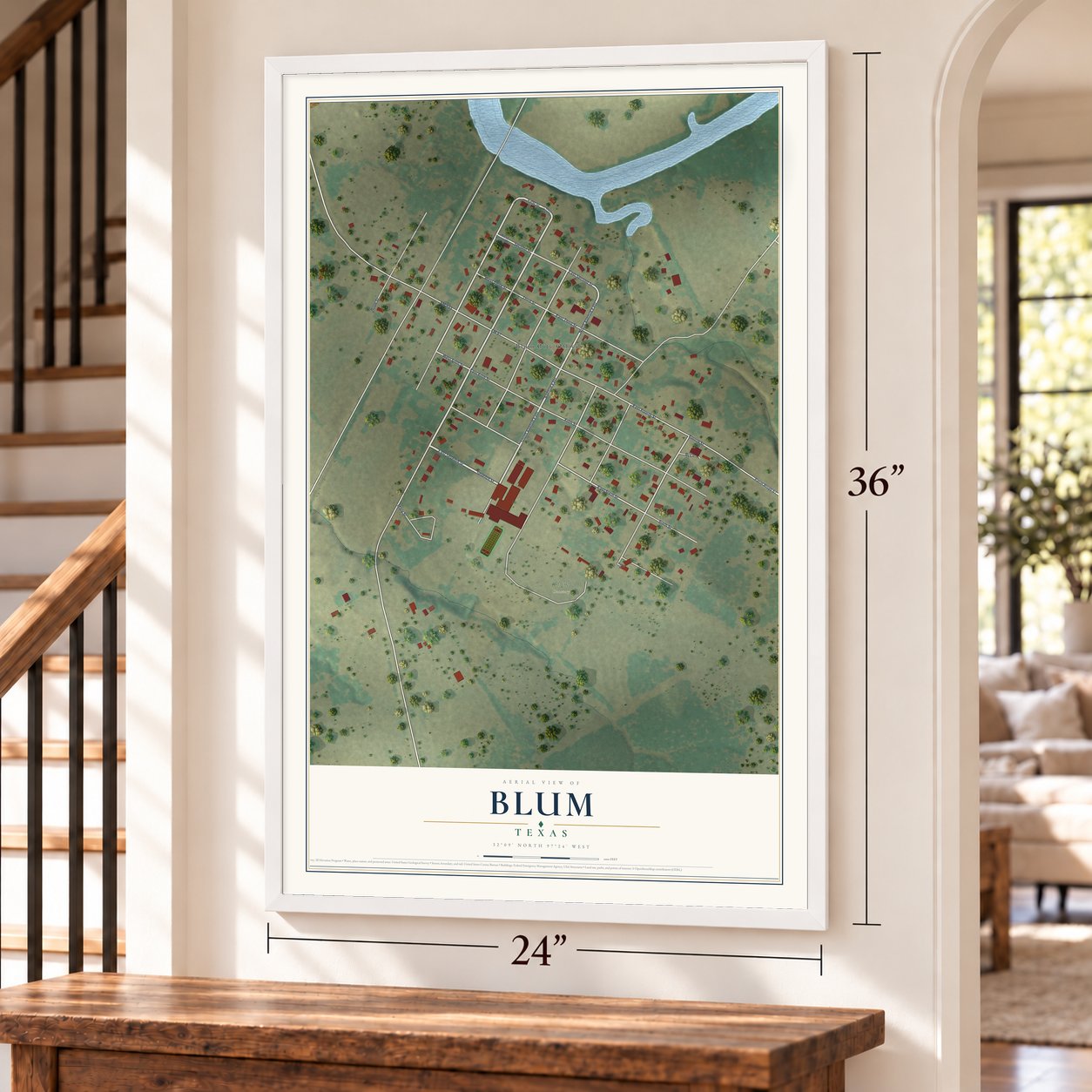 Blum, Texas map, 24 x 36 inch print in a white frame by a staircase