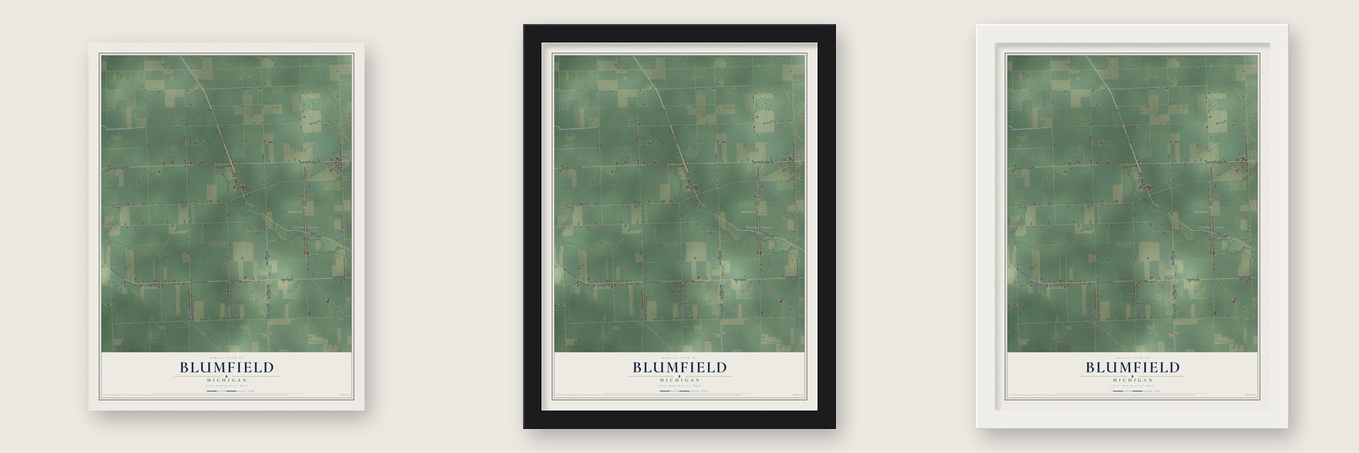 Blumfield, Michigan map unframed, in a black wood frame and in a white wood frame