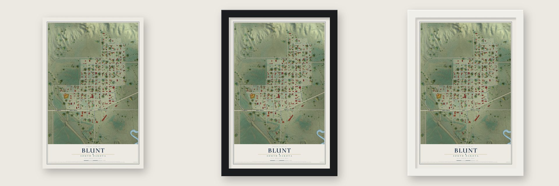 Blunt, South Dakota map unframed, in a black wood frame and in a white wood frame